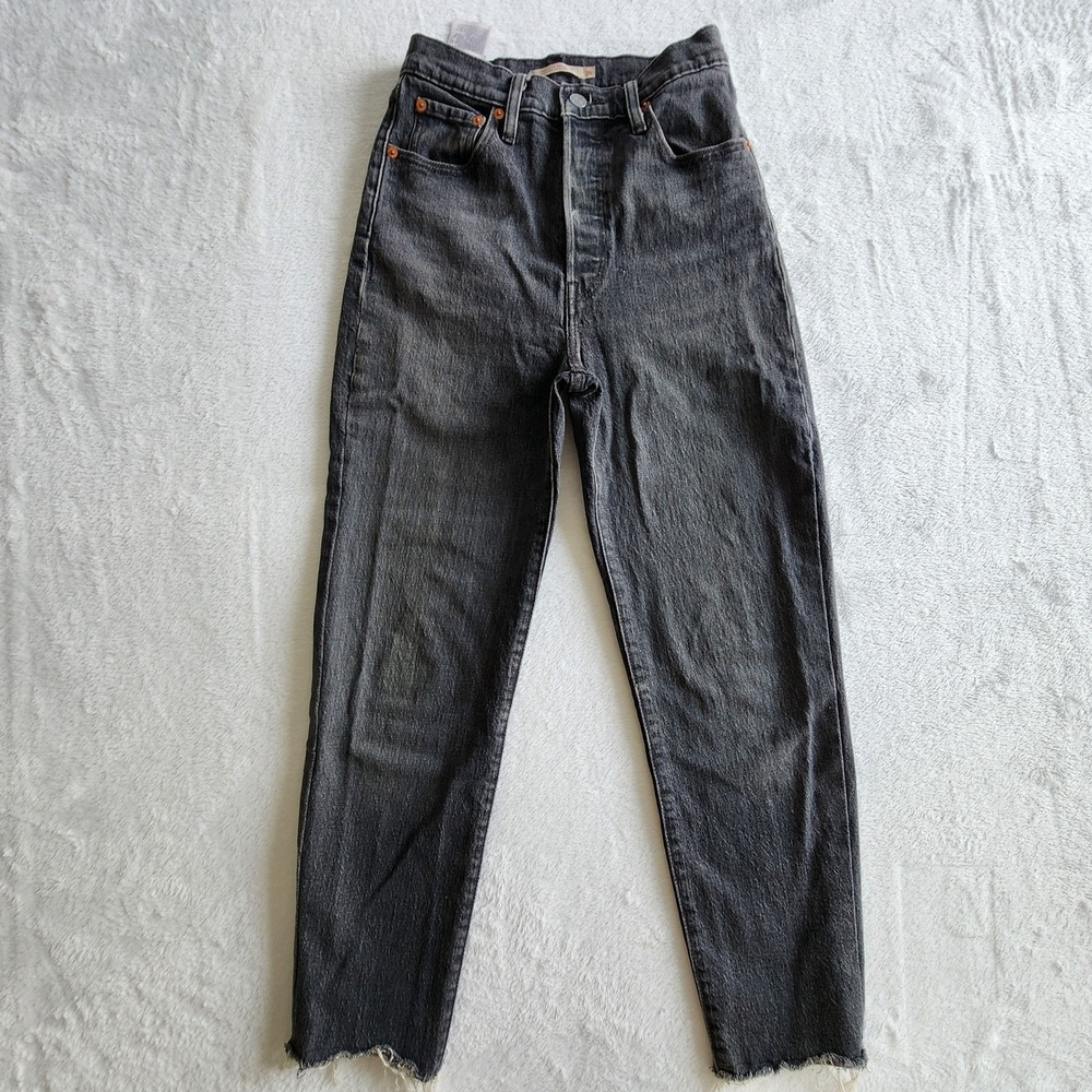 Levi's Premium Ribcage Straight Ankle Jeans Washed Black Gray 26W 25L Big E Pant